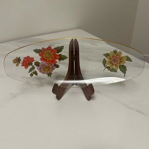 Vintage Oblong Pilkington Chance English Glass Floral Serving Dish w/Gold Rim